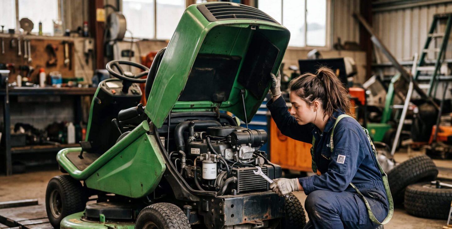 Technicienne réparant une tondeuse autoportée en atelier
