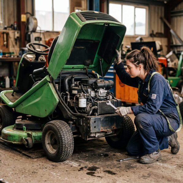 Technicienne réparant une tondeuse autoportée en atelier