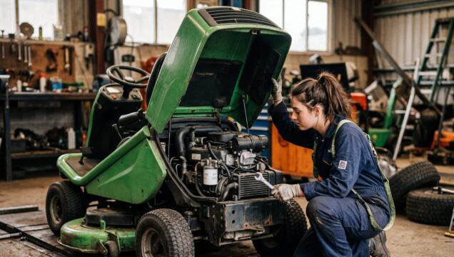 Technicienne réparant une tondeuse autoportée en atelier