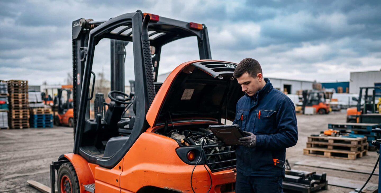 Technicien diagnostiquant un chariot élévateur