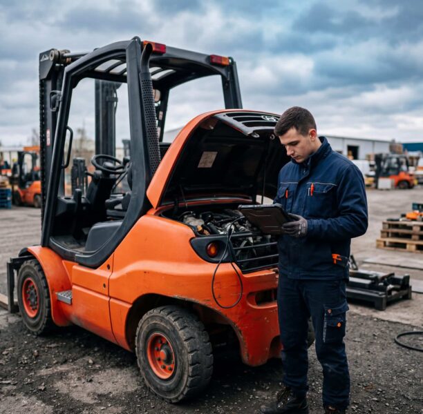 Technicien diagnostiquant un chariot élévateur
