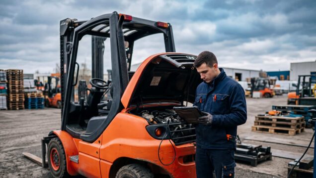Technicien diagnostiquant un chariot élévateur